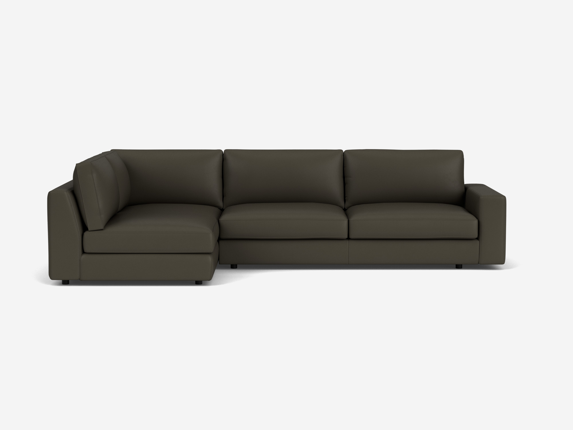 Front view of the Cello modular sofa in grey leather with left hand chaise